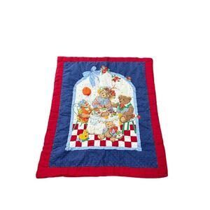 Vintage 80s/90s Teddy Bear Tea Party Baby Quilt Primary Colors Nursery 42x34